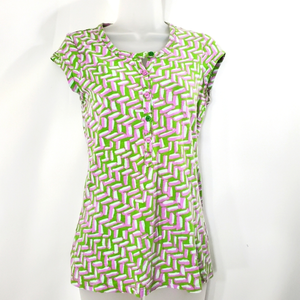 Little Yellow Button Green And Purple Short Sleeved Top